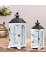 Slickblue White Wood Lantern With Ornate Frosted Glass (Set of 2)