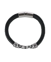 Trafalgar Loose Fit Silver Interlock Pattern on Black Leather Bracelet