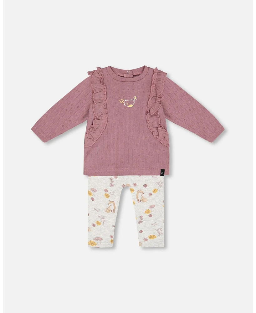 Deux par Baby Girls Organic Cotton Pointelle Top And Printed Leggings Set Woodrose With Fox