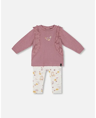 Deux par Baby Girls Organic Cotton Pointelle Top And Printed Leggings Set Woodrose With Fox