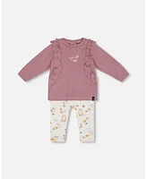 Deux par Baby Girls Organic Cotton Pointelle Top And Printed Leggings Set Woodrose With Fox