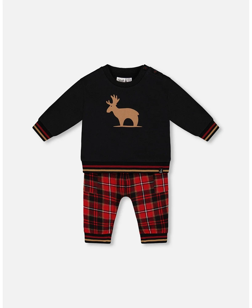 Deux par Baby Boys Fleece Sweatshirt And Pant Set Plaid Black Red