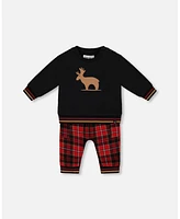 Deux par Baby Boys Fleece Sweatshirt And Pant Set Plaid Black Red