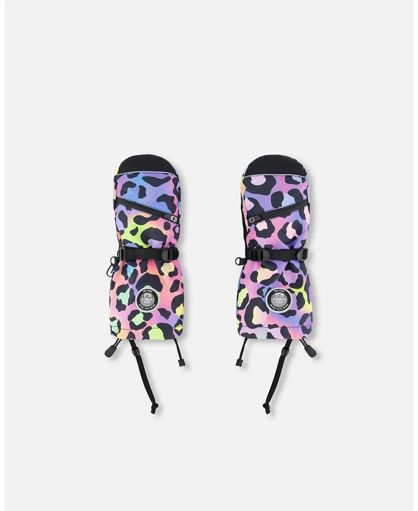 Deux par Deux Girl Technical Mittens Printed Rainbow Leopard - Toddler|Child