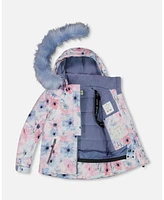 Deux par Big Girls Two Piece Snowsuit Solid Pant And Printed Watercolor Blue Flowers