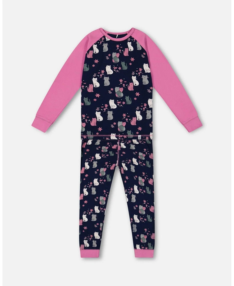 Deux par Baby Girls Organic Cotton Two Piece Pajama Set Navy Printed Cats