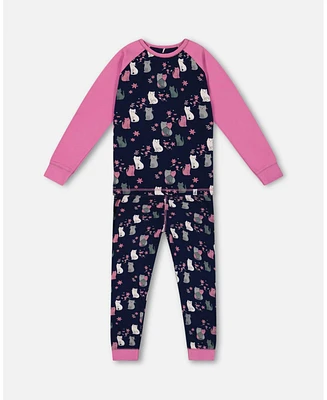 Deux par Baby Girls Organic Cotton Two Piece Pajama Set Navy Printed Cats