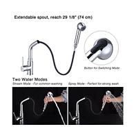 Yescom Stainless Steel Kitchen Sink Faucet Pull Out Dual Function Mixer Taps 1 Handle Long Neck