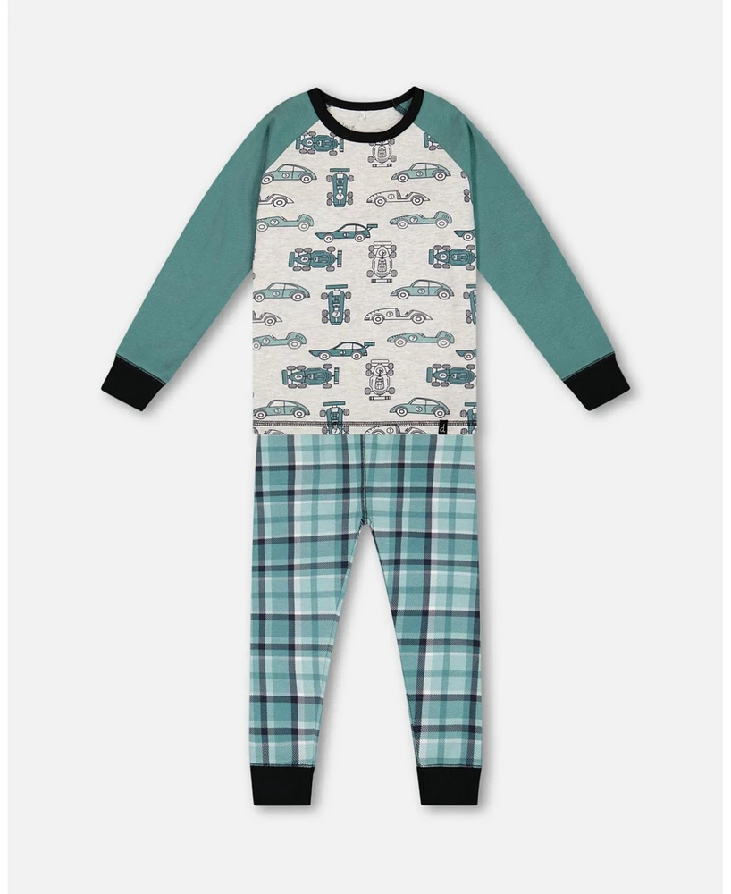 Deux par Big Boys Organic Cotton Two Piece Pajama Set Green Printed Cars