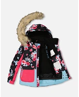 Deux par Toddler Girls Two Piece Snowsuit Printed Roses With Solid Pant Black - Toddler|Child