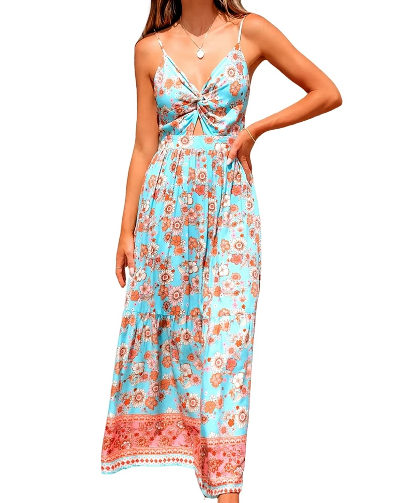 Cupshe Women's Boho Floral Sweetheart Twist & Keyhole Maxi Beach Dress