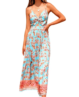 Cupshe Women's Boho Floral Sweetheart Twist & Keyhole Maxi Beach Dress