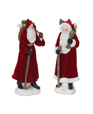 Slickblue Flocked Santa Figurine With Hood And Staff (Set of 2)