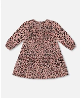 Deux par Big Girls Long Sleeve Dress With Frills Pink Printed Leopard Flowers