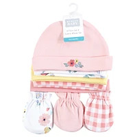 Hudson Baby Baby Girls Hudson Cotton Cap and Scratch Mitten Set, Butterfly Floral, 0-6 Months