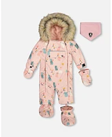 Deux par Baby Girls One Piece Snowsuit Light Pink Printed Cats Designed For Car Seat - Infant|Toddler