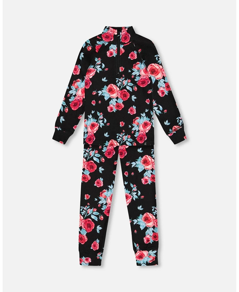 Deux par Toddler Girls Two Piece Thermal Underwear Set Black Printed Roses - Toddler|Child