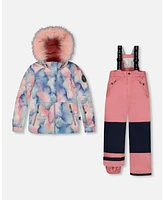 Deux par Big Girls Two Piece Snowsuit Printed Pastel Watercolor And Dusty Pink