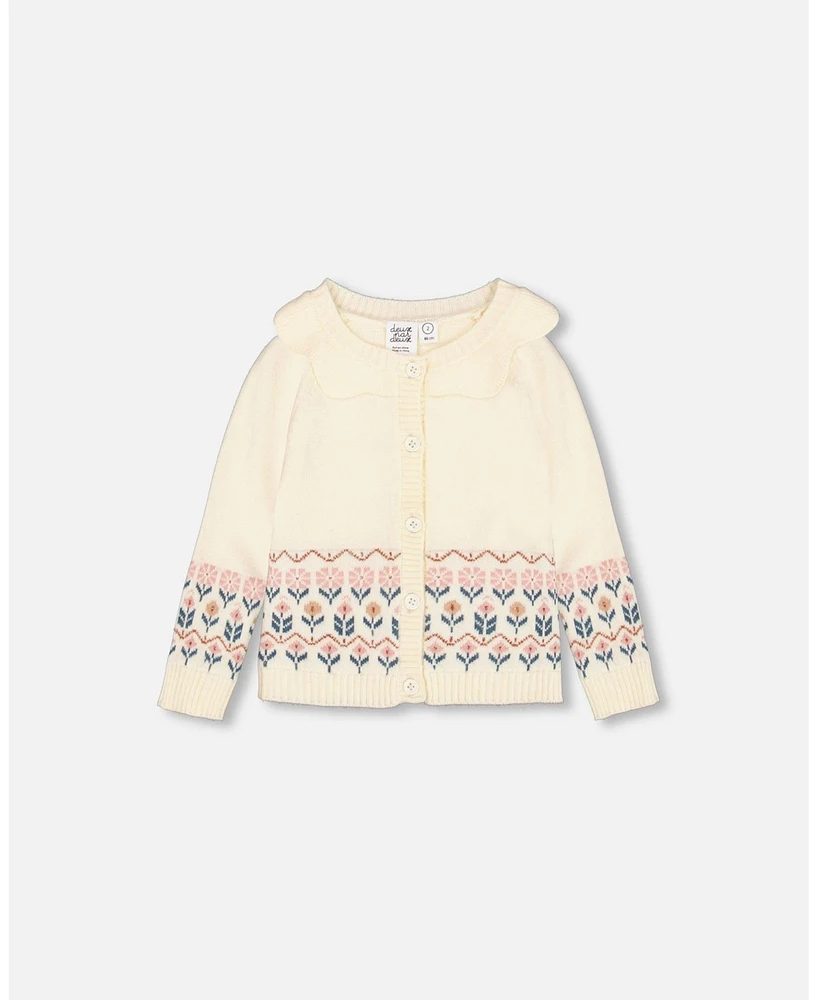 Deux par Big Girls Jacquard Knit Cardigan Off White With Flowers