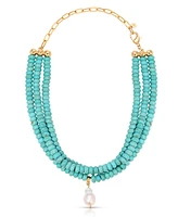 Ettika Triple Strand Turquoise Statement Necklace with Cultivated Pearl Dangle