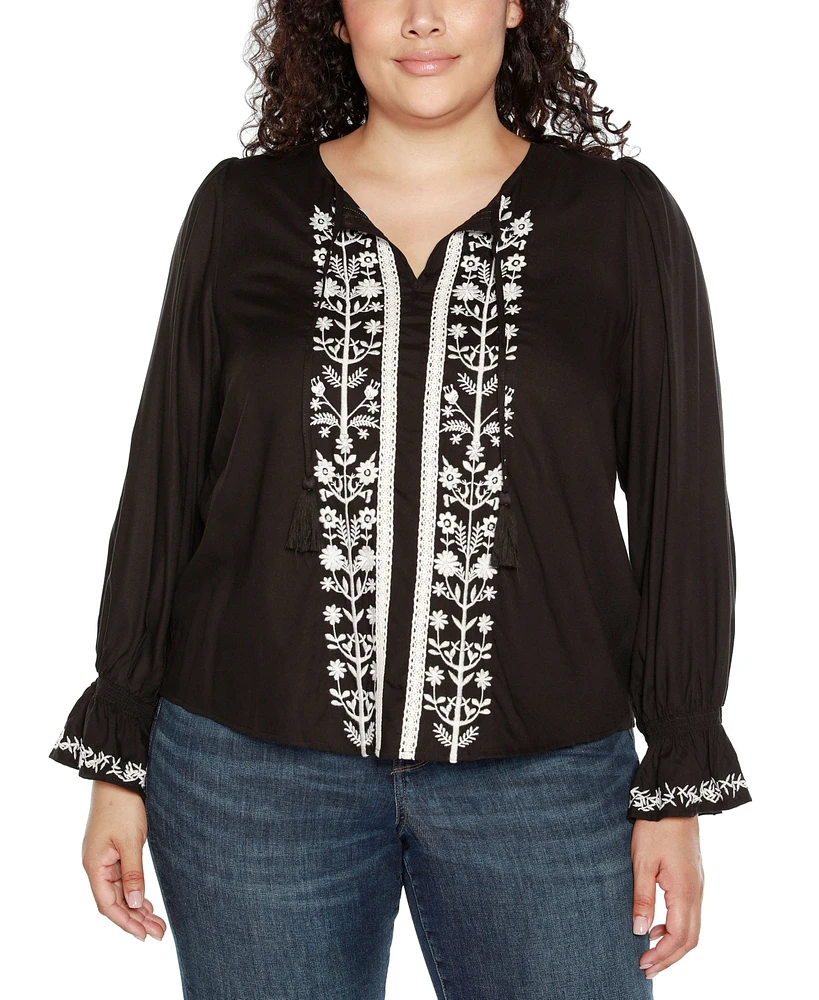 Belldini Black Label Plus Tie-Neck Embroidered-Front Blouse