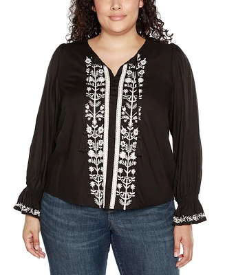 Belldini Black Label Plus Tie-Neck Embroidered-Front Blouse