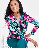 I.n.c. International Concepts Petite Printed Zip-Pocket Long-Sleeve Top, Created for Macy's