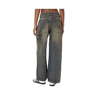 Edikted Women's Contrast Panel Low Rise Washed Jeans