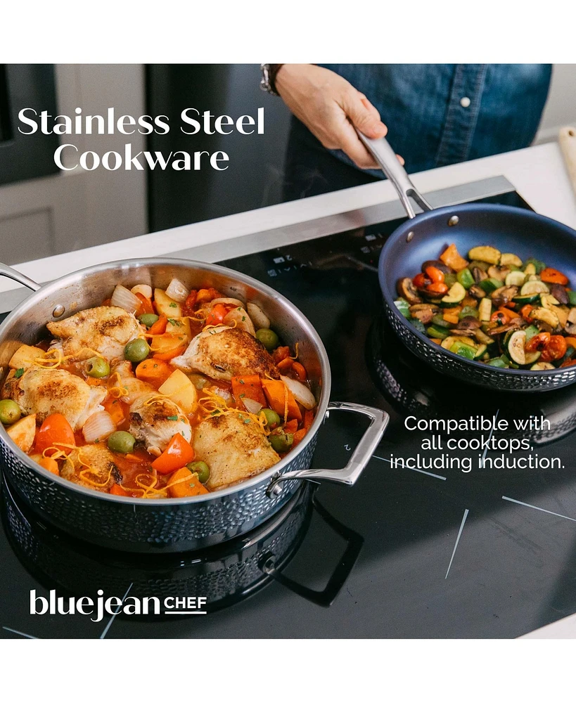 Blue Jean Chef -Piece Stainless Steel Cookware Set, Hammered Finish, Tri-Ply Construction Clad Cookware, Nonstick Induction