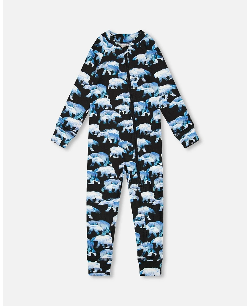 Deux par Baby Boys One Piece Thermal Underwear Black Printed Polar Bears