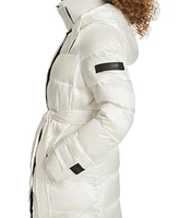 Karl Lagerfeld Womens Shine Hooded Short Belted Puffer Coat