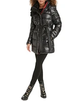 Karl Lagerfeld Womens Shine Hooded Short Belted Puffer Coat