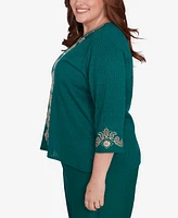 Alfred Dunner Plus Emerald Isle Center Medallion Embroidered Three Quarter Sleeve Top