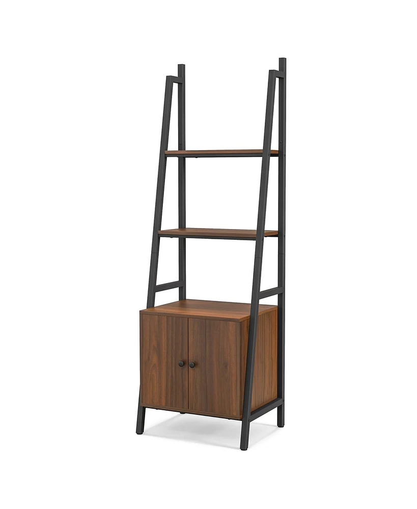 Slickblue 4-Tier Ladder Shelf with Cabinet and Metal Frame-Rustic Brown