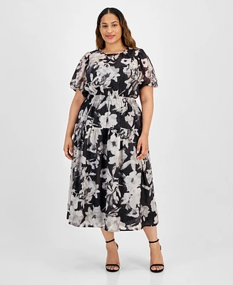 Anne Klein Plus Printed Puff-Sleeve Wrap Maxi Dress