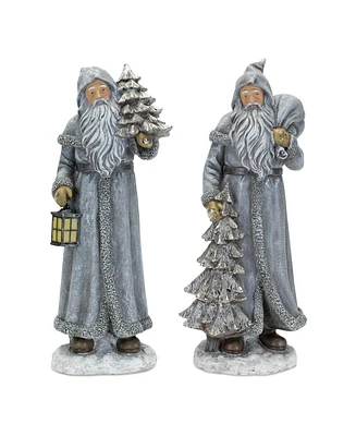 Slickblue Rustic Stone Santa Figurine with Pine Tree and Lantern (Set of 2)