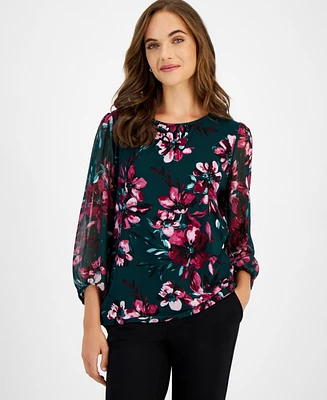 Kasper Women's Floral Print Mixed-Media Top