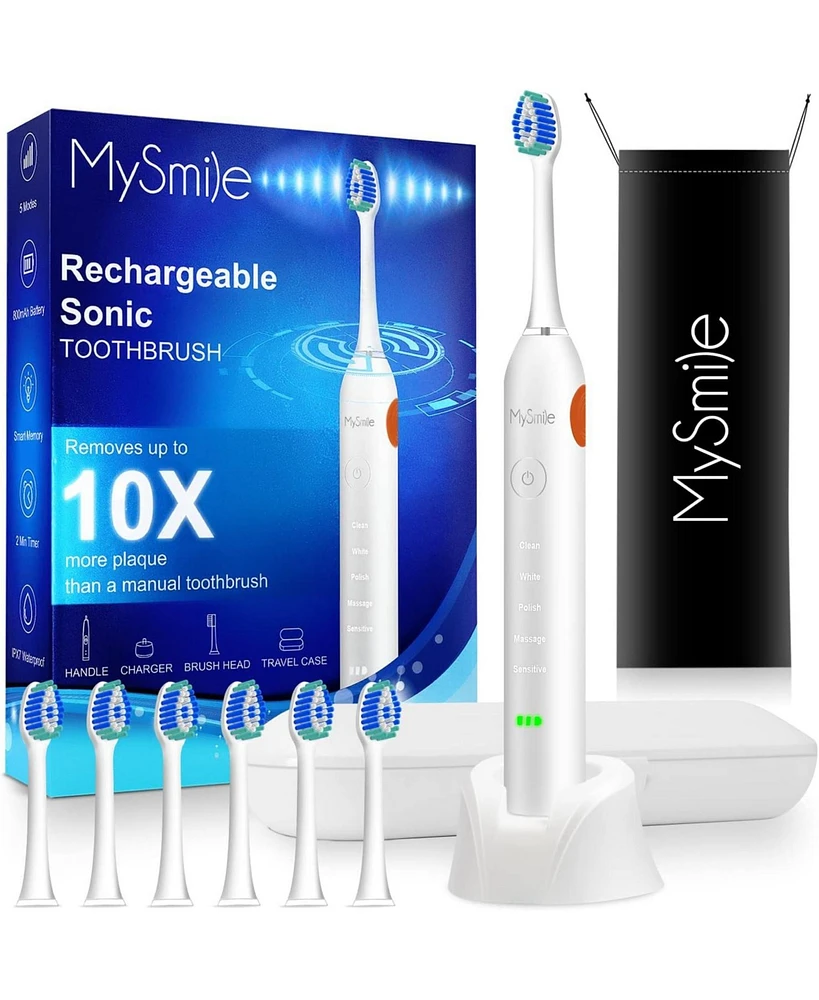 MySmile Electric Toothbrush for Adults, Rechargeable Sonic Electronic with 6 Brush Heads and Travel Case, 2 Mins 5 Modes Smart Timer, 48000