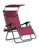 Gymax Folding Recliner Zero Gravity Lounge Chair W/ Shade Canopy Cup Holder Wine