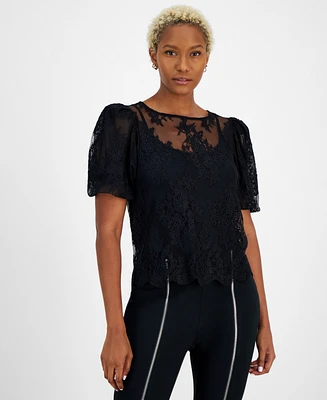 Bar Iii Women's Round-Neck Lace Blouse, Created for Macy's