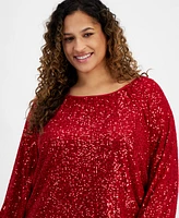 Jm Collection Plus Boat-Neck Gathered Sequin Long-Sleeve Top, Created for Macy's