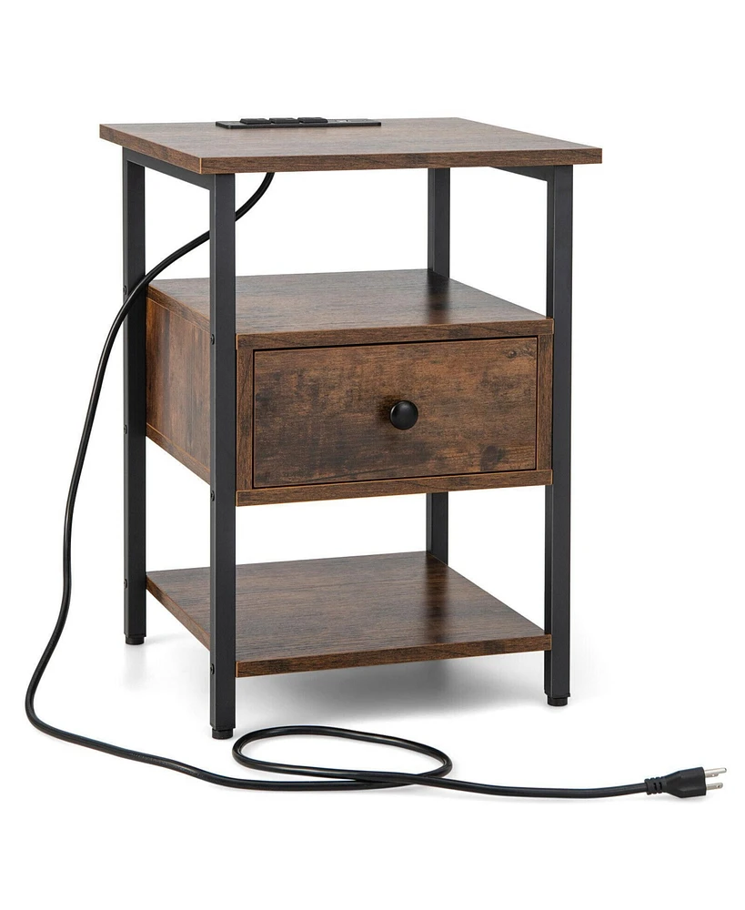 Sugift 3-Tier Nightstand with Charging Station and Drawer