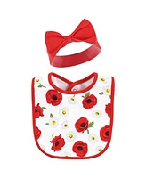 Hudson Baby Infant Girl Cotton Bib and Headband or Caps Set, Poppy Daisy, One Size