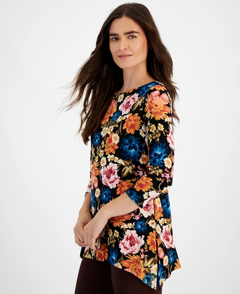 Jm Collection Petite Floral Jacquard 3/4-Sleeve Swing Top, Created for Macy's