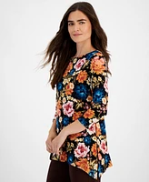 Jm Collection Petite Floral Jacquard 3/4-Sleeve Swing Top, Created for Macy's