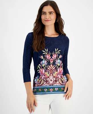 Jm Collection Petite Floral-Print 3/4-Sleeve Top, Created for Macy's