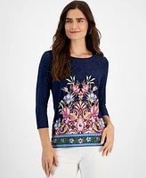 Jm Collection Petite Floral-Print 3/4-Sleeve Top, Created for Macy's