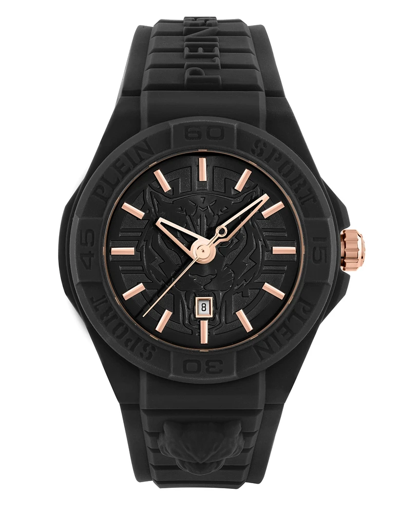 Plein Sport Men's New Fearless 3 Hand Date Quartz Black Silicone Strap 46mm