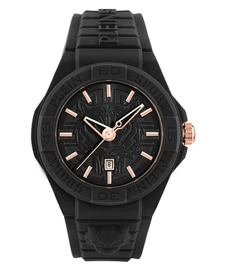 Plein Sport Men's New Fearless 3 Hand Date Quartz Black Silicone Strap 46mm