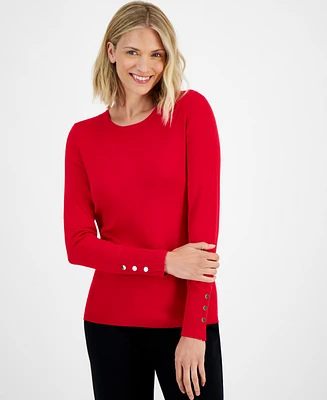 Jm Collection Women's Button-Sleeve Crewneck Sweater, Created for Macy's